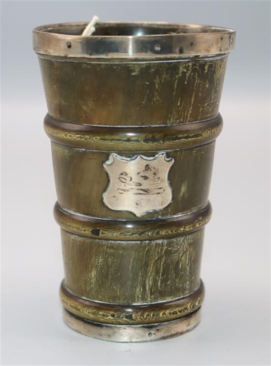 Early 19th C white metal rimmed horn beaker